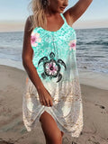 Vintage Print V Neck Dress 2022 Spring Loose Ladies Mini Dress Summer Beach Off Shoulder Sleeveless Strap Party Dress