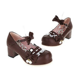 Japanese Style Sweet Bow Lace Princess Lolita Shoes Lace-up Med Heel Buckle Strap Thick Platform Pumps with Cute Ears Pearl