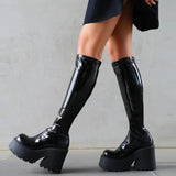 Chunky High Heeled Women Knee High Boots Fashion Cool Round Toe Cute Sweet Heeled Boots Gothic Uniform Dress