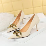 Breakj Fashion Banquet Women's Shoes Heel High Heel Shallow Pointed Big Metal Buckle Single Shoes High