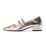 Soft Leather Mary Jane Shoes Female Retro Block Heel Square Toe Work Pumps New One-Word Buckle Strap Mid-Heel High