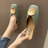 Slippers Mules Flat Casual Shoes British Metal Buckle Slides Wooden Heel Summer Half Slippers Elegant