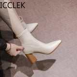 2020 New Women's Boots Fashion Ankle Boots Pointed Toe Square Heel Pu Women's Boots Black Beige Zapatos De Mujer