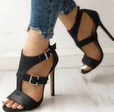 2021 Gladiator Fine Women Sandals Summer High Heels Leather Peep Toes Ankle Buckle Strap Woman Party Shoes Black Sandalia