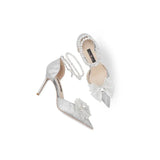 Breakj Shoes Women's Pearl Straps High-End Squint Crystal Shoes Silver French High Heels High Heels Do Not Tired Wedding