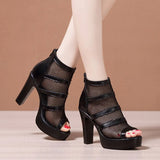 2022 Peep Toe Sandal Boots Mesh Summer Heels Women's High Heeled Platform Shoes Hollow Out Square Heel Back Zip