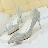 Breakj Korean Version Of Fashion Banquet Women's Shoes Thin Heel Shallow Mouth Pointed Head Sexy Show Thin Water Diamond Color Diamond High Heel Single