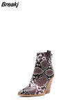 Gold Snake Print Ankle Boots For Women Wedge High Heels Boots Woman Runway Design Chunky Heels Botas Mujer Western