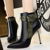 Shoes Belt Buckle Women Ankle Boots Leather Shoes High-heel Boots Stiletto Pointed Toe Short Boots Plush Winter