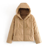 Women Thick Warm PU Faux Leather Padded Coat 2021 Winter Zipper Hooded Jacket Parka Long Sleeve Pockets Outerwear