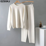 2 Pieces sweater Set Women Tracksuit o-neck Sweater + loose Trousers CHIC Pullover Sweater+ Knitted Carrot pants