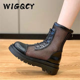 Mesh Boots Women Fashion Lace Up Ankle Boots Woman Shoes Black Sandals Hollow Breathable Zipper Socks Boots Square
