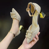 2021 High Heels Pearl Shoes Women Pointed Toe Ankle Buckle Strap Party Dress Pumps Ladies Zapatos De Mujer Plataforma