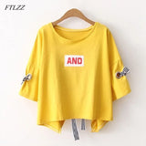 New Summer Crop Tops Women T Shirt Letter Print Short Sleeve Cotton Loose Yellow Black White Short