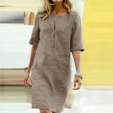 2020 Winter Autumn Button Cotton Linen Dress women Elegant O-Neck Knee length Long Sleeve Pocket Solid Dress Plus