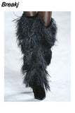 Women's High Boots Suede Cross-tied Pointed Toe Party High Heel Shoes Sexy Ostrich Feather Women's Over The Knee