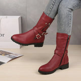 Mid-Calf Boots Plus Size 43 Women Buckle Goth Boots Female Low Square Heel Zipper Leather Flat Shoes Red Black Grey