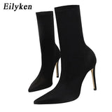 2022 Spring Fashion Stretch Fabric Women Boots Pointed Toe Ankle Boots High heels Shoes Autumn Winter Female Socks
