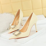 Breakj Fashion Banquet High Heels Fine Heel Shallow Pointed Satin Metal Water Diamond Buckle Single Shoe