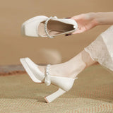 Pearl New Square Head Shallow Mouth Thick With Patent Leather A Word Buckle Mary Single Shoes Jane High Heels Waterproof