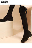 Suede Female Heels Autumn Zipper Elastic Knee-high Boots for Women Tube Lace-up Thigh Gigh Boots Black Botas Mujer