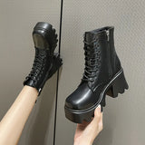 Women's Ankle Boots Zip Lace Up Square Toe Ladies Boots Thick Bottom Non-slip High Heels Female Shoes Winter Footwear
