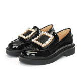 Crystal metal buckle oxfords british small leather shoes women 2023 slip on flats thick heels matte&shiny leather