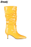 Women Mid-Calf Boots Sexy Solid Color Leather Folds Boots Pointed Toe Thin Heels Stiletto Party Shoes Large Size