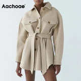 Women Chic Wool Coats With Belt 2021 Solid Long Sleeve Pockets Shirt Jackets Outerwear Turn Down Collar Elegant