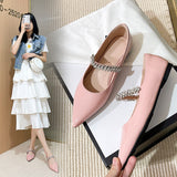 leather crystal ankle band flat shoes woman pointed toe rhinestone ballet flats female loafers comfy