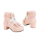 EDEELVEEYS Sweet Bowknot Ruffles Med Heels Shoelace Gothic Lolita Style Ankle Boots Japanese Harajuku Women Shoes Big Size