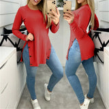 New Autumn Casual Long Sleeve Tops 2022 Spring Women Elegant O Neck Rib Blouse Fashion Sexy Side Slit Button Long Shirt
