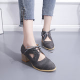 Breakj Spring And Summer New Thick Heel High Fashion Single Shoes 42 Large Size Lace Hollow Carved Women's