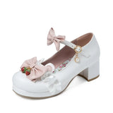 Womens Mary Jane Chunky Heel Closed Toe Platform Pumps with Strawberry Contrast Bows Sweet Lolita Cosplay Wedding Shoes