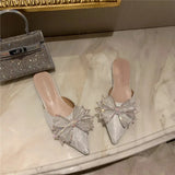 Shoes Mules For Women 2024 Ladies' Slippers Rivet Cover Toe Butterfly-Knot Low Square heel Loafers Flock New Pointed
