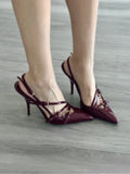 New Patent Leather One Word Buckle Cat With Baotou Sandals Women's Black Silk Pointed High