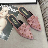 Shoes Mules For Women 2024 Ladies' Slippers Rivet Cover Toe Butterfly-Knot Low Square heel Loafers Flock New Pointed