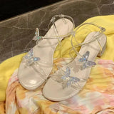 New Butterfly Crystal Sandals Thick Heel Strap Round Toe Buckle Sandals Sexy Party Shoes Summer Ladies Elegant