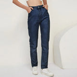 2021 Fashion 100% Cotton Mom Jeans Women High Waist Solid Pockets Cowboy Pants Zipper Fly Long Denim Pencil