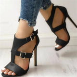 Sandals Summer Gladiator Fine High Heels Leather Peep Toes Ankle Buckle Strap Woman Party Shoes Black Sandalia Mujer