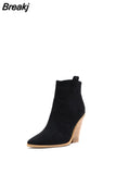 Gold Snake Print Ankle Boots For Women Wedge High Heels Boots Woman Runway Design Chunky Heels Botas Mujer Western