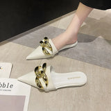 Women's Mules Shoes Pointed Toe Low Heel Women's Slippers Summer Metal Chain Female Sandals Woman Closed Toe Casual