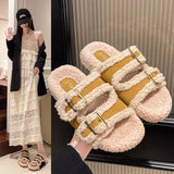 Slippers Female 2024 Autumn / Winter New Korean Version Of Fashion Color Stitching Soft Wool And Velvet Belt Buckle