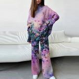 Lady Winter Knit 2pc Sets Fashion Gradient Print Turtleneck Pullover Top + Wide Leg Pant Suit Women Popular Casual Home