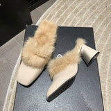 / Winter 2023 Korean Version Of Thick-Heeled Baotou Slippers, Feminine, High-Heeled, Square-Headed Rabbit Hair, Semi-Draped Leather, Fashionable Muller