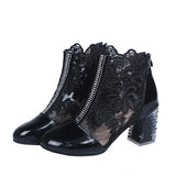 2021 New Woman Mesh Black Ankle Boots for Women Summer Square Heels Boots Sandal Ladies Round Toe Lace
