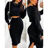 Commute Women Casual Printed Long Sleeves T-shirt Skirt Two Piece Set Autumn Elegant High Waist Office Lady Vestidos