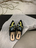 Shoes Mules For Women 2024 Ladies' Slippers Rivet Cover Toe Butterfly-Knot Low Square heel Loafers Flock New Pointed