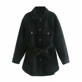 Women Chic Wool Coats With Belt 2021 Solid Long Sleeve Pockets Shirt Jackets Outerwear Turn Down Collar Elegant