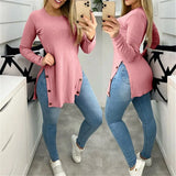 New Autumn Casual Long Sleeve Tops 2022 Spring Women Elegant O Neck Rib Blouse Fashion Sexy Side Slit Button Long Shirt